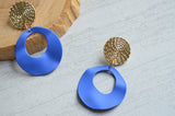 Blue Gold Matte Big Hoop Large Dangle Statement Earrings - Grace