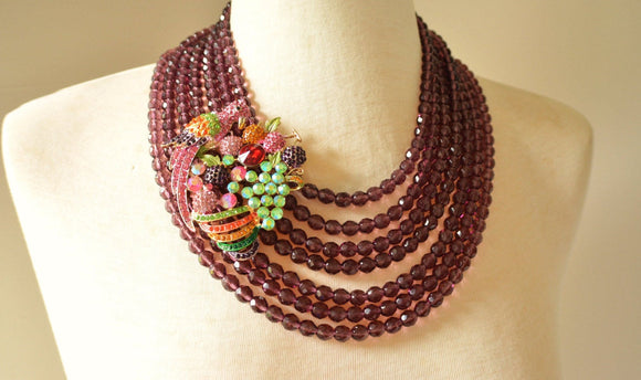 Parrot Statement Necklace. Purple Brooch Necklace, Tropical Jewelry - Bahia