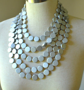 Silver Statement Necklace, Beaded Wood Necklace, Chunky Necklace - Charlotte