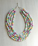 Multi Color Pastel Chunky Beaded Stone Statement Multi Strand Necklace - Alana
