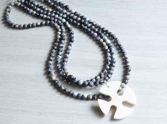 Black Gray White Cross Beaded Multi Strand Long Statement Necklace