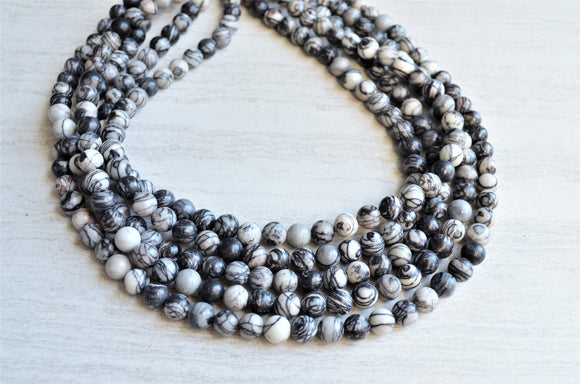 Black Gray Silk Stone Beaded Multi Strand Statement Necklace - Michelle