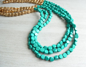 Green Gold Long Wood Beaded Multi Strand Statement Necklace - Jenna