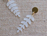 White Lucite Acrylic Post Petal Leaf Dangle Statement Earrings