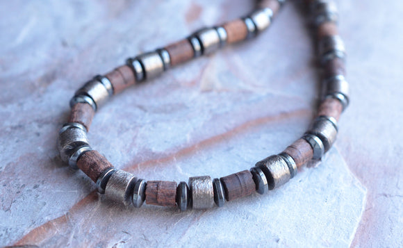 Copper Brown Wood Metal Long Beaded Mens Necklace - Alphonso