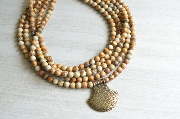 Brown Beaded Chunky Gold Pendant Multi Strand Statement Necklace