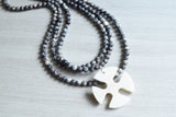 Black Gray White Cross Beaded Multi Strand Long Statement Necklace