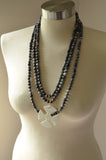 Black Gray White Cross Beaded Multi Strand Long Statement Necklace