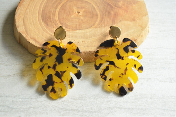 Tortoise Shell Palm Leaf Lucite Acrylic Statement Earrings - Tropicana