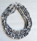 Black Gray Silk Stone Beaded Multi Strand Statement Necklace - Michelle