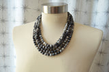 Black Gray Silk Stone Beaded Multi Strand Statement Necklace - Michelle