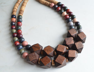 Wood Earthtone Beaded Multi Color Chunky Boho Statement Necklace - Riley