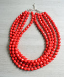 Red Beaded Acrylic Lucite Multi Strand Chunky Statement Necklace - Evelyn