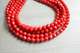 Red Beaded Acrylic Lucite Multi Strand Chunky Statement Necklace - Evelyn