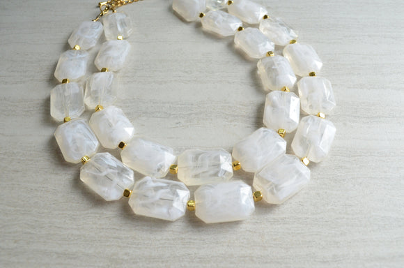 Ivory Acrylic Beaded Multi Strand Chunky Statement Necklace - Jenny