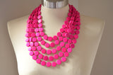 Hot Pink Wood Beaded Multi Strand Statement Necklace - Charlotte