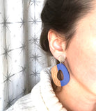 Blue Brown Lucite Wood Big Large Dangle Statement Earrings - Meyer