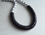 Silver Black Wood Chunky Long Womens Boho Statement Necklace - Elena