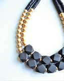 Gold Black Wood Beaded Chunky Multi Strand Statement Necklace - Riley