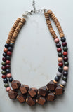 Wood Earthtone Beaded Multi Color Chunky Boho Statement Necklace - Riley