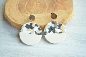 Cream Gray Terrazzo Lucite Big Large Dangle Statement Earrings - Orville