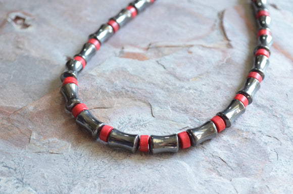 Hematite Red Gray Beaded Stone Mens Gray Necklace - Reginald