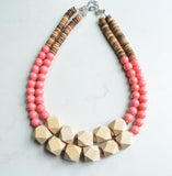 Orange Pink Coral Beige Wood Bead Chunky Multi Strand Statement Necklace - Riley