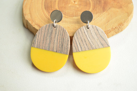 Yellow Lucite Wood Big Acrylic Statement Dangle Womens Earrings - Bennett