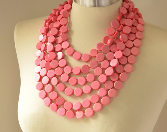 Rose Pink Wood Bead Chunky Multi Strand Statement Necklace - Charlotte