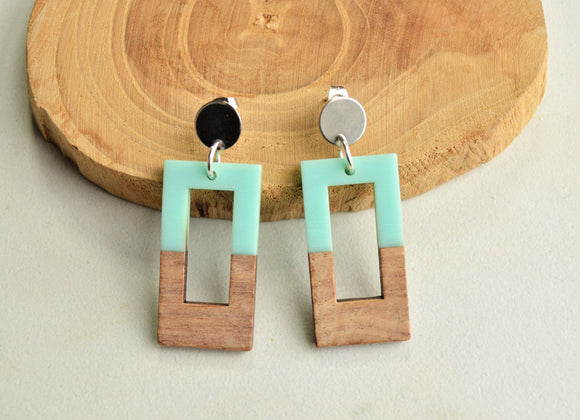 Mint Green Wood Lucite Dangle Rectangle Big Statement Earrings - Louise