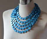 Turquoise Blue Wood Beaded Multi Strand Chunky Statement Necklace - Charlotte