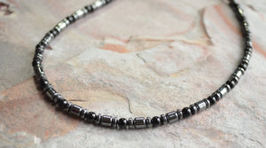 Black Gray Mens Beaded Jade Hematite Thin Necklace - Collins