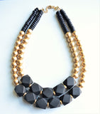 Gold Black Wood Beaded Chunky Multi Strand Statement Necklace - Riley