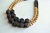 Gold Black Wood Beaded Chunky Multi Strand Statement Necklace - Riley