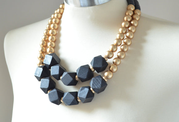 Gold Black Wood Beaded Chunky Multi Strand Statement Necklace - Riley