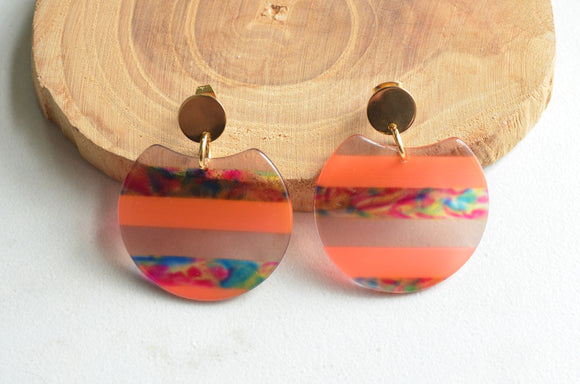 Coral Orange Multi Color Acrylic Lucite Big Dangle Statement Earrings - Hanna