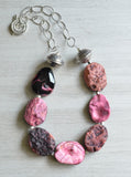 Pink Statement Necklace, Black Bead Necklace, Agate Chain Necklace, Chunky Necklace - Brenna