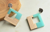 Blue Beige Lucite Wood Big Dangle Statement Earrings