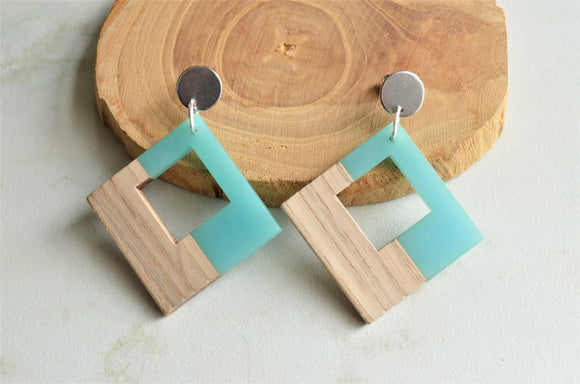 Blue Beige Lucite Wood Big Dangle Statement Earrings