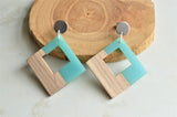 Blue Beige Lucite Wood Big Dangle Statement Earrings