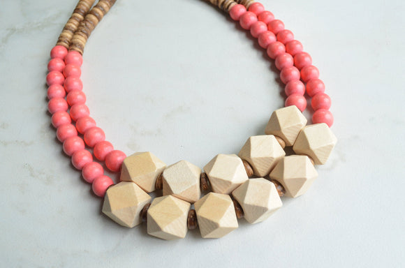 Orange Pink Coral Beige Wood Bead Chunky Multi Strand Statement Necklace - Riley