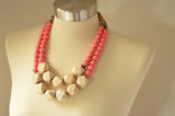Orange Pink Coral Beige Wood Bead Chunky Multi Strand Statement Necklace - Riley