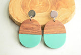 Turquoise Green Lucite Wood Big Acrylic Dangle Statement Earrings - Bennett