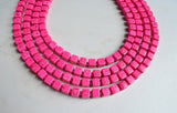 Hot Pink Cube Beaded Multi Strand Chunky Statement Necklace - Cubist