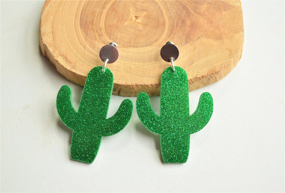 Green Cactus Lucite Acrylic Big Glitter Dangle Statement Earrings