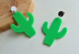 Green Cactus Lucite Acrylic Big Glitter Dangle Statement Earrings