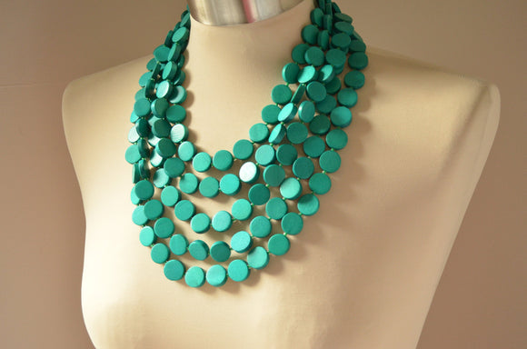 Jade Green Wood Chunky Multi Strand Statement Necklace - Charlotte