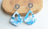 Blue White Acrylic Big Teardrop Dangle Statement Earrings - Veronique
