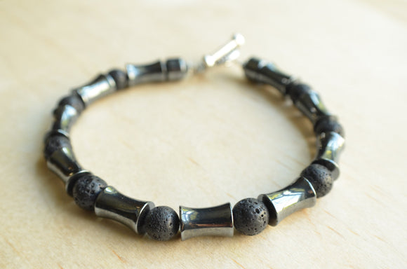 Hematite Lava Rock Black Gray Mens Beaded Bracelet - James