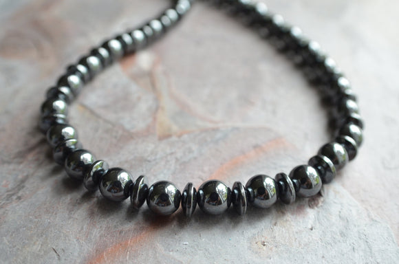 Mens Gray Beaded Stone Hematite Long Necklace - Jayden